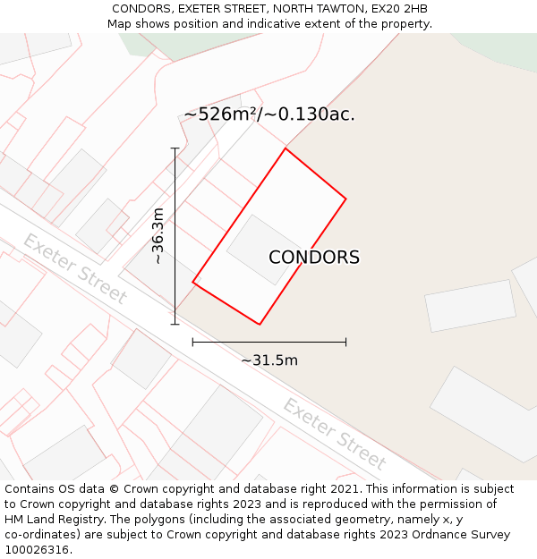 CONDORS, EXETER STREET, NORTH TAWTON, EX20 2HB: Plot and title map