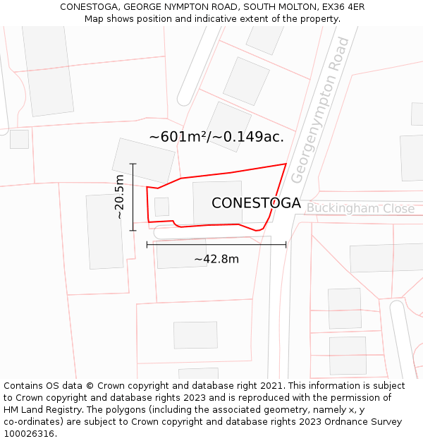 CONESTOGA, GEORGE NYMPTON ROAD, SOUTH MOLTON, EX36 4ER: Plot and title map