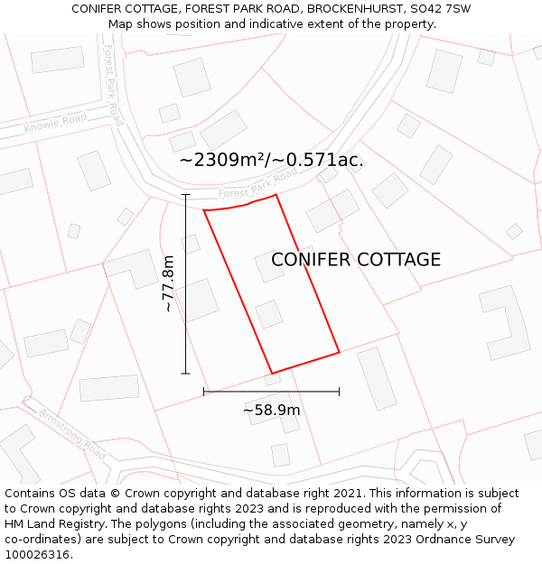 CONIFER COTTAGE, FOREST PARK ROAD, BROCKENHURST, SO42 7SW: Plot and title map