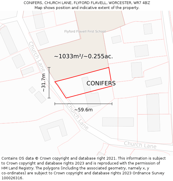 CONIFERS, CHURCH LANE, FLYFORD FLAVELL, WORCESTER, WR7 4BZ: Plot and title map