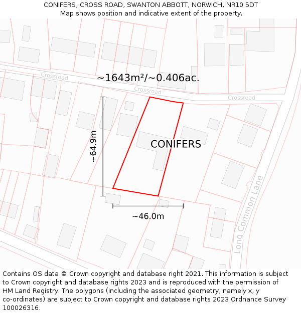 CONIFERS, CROSS ROAD, SWANTON ABBOTT, NORWICH, NR10 5DT: Plot and title map