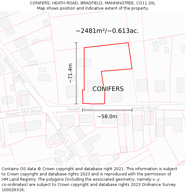 CONIFERS, HEATH ROAD, BRADFIELD, MANNINGTREE, CO11 2XL: Plot and title map