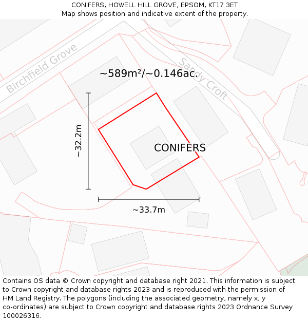 CONIFERS, HOWELL HILL GROVE, EPSOM, KT17 3ET: Plot and title map