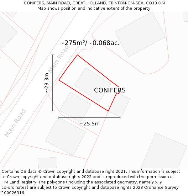 CONIFERS, MAIN ROAD, GREAT HOLLAND, FRINTON-ON-SEA, CO13 0JN: Plot and title map