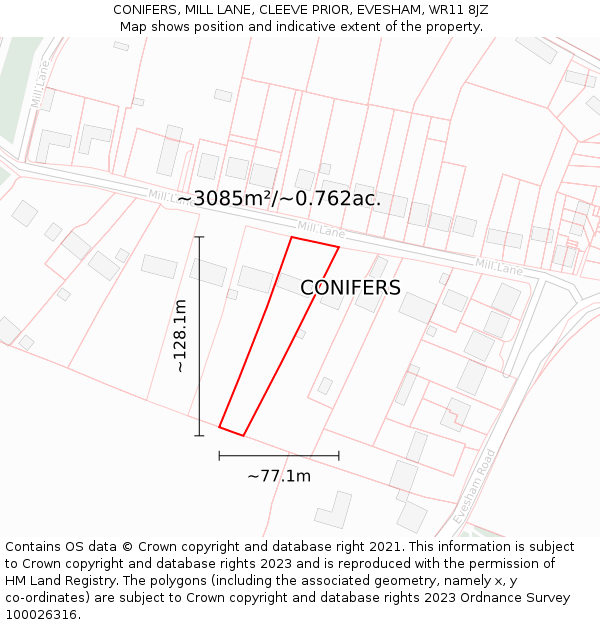CONIFERS, MILL LANE, CLEEVE PRIOR, EVESHAM, WR11 8JZ: Plot and title map