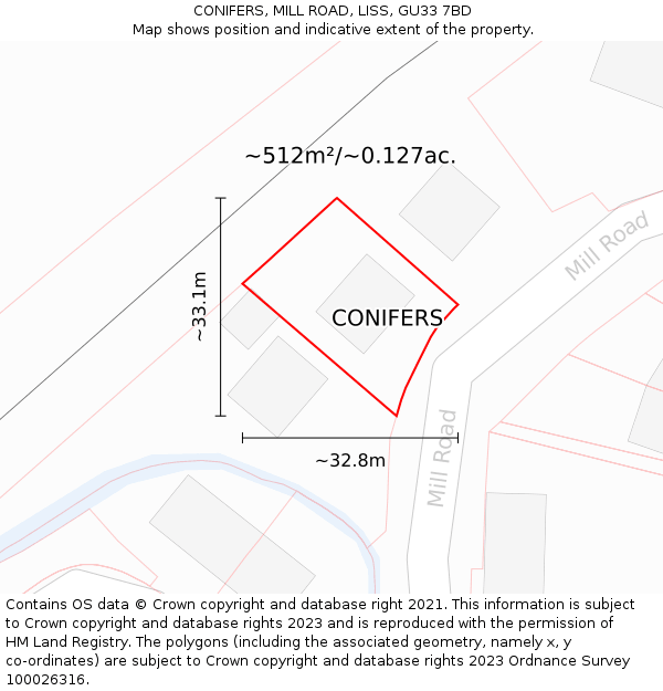 CONIFERS, MILL ROAD, LISS, GU33 7BD: Plot and title map