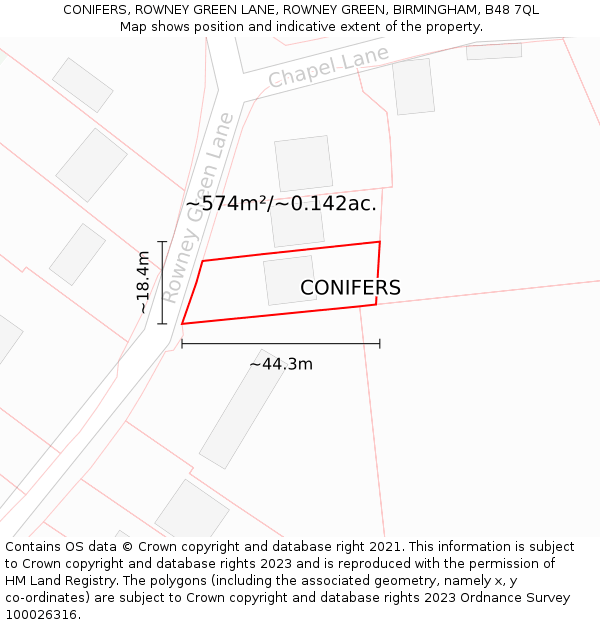 CONIFERS, ROWNEY GREEN LANE, ROWNEY GREEN, BIRMINGHAM, B48 7QL: Plot and title map