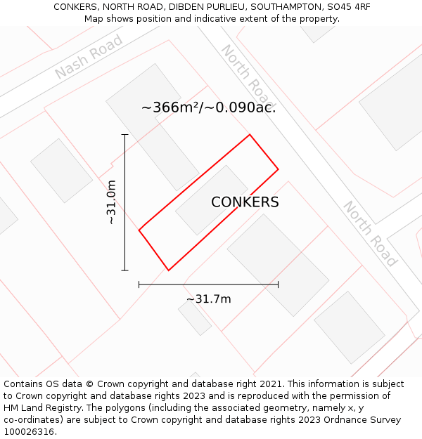 CONKERS, NORTH ROAD, DIBDEN PURLIEU, SOUTHAMPTON, SO45 4RF: Plot and title map