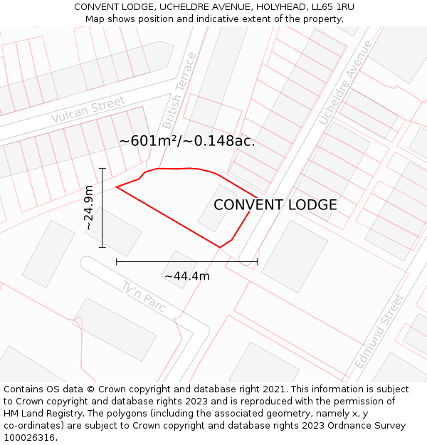 CONVENT LODGE, UCHELDRE AVENUE, HOLYHEAD, LL65 1RU: Plot and title map