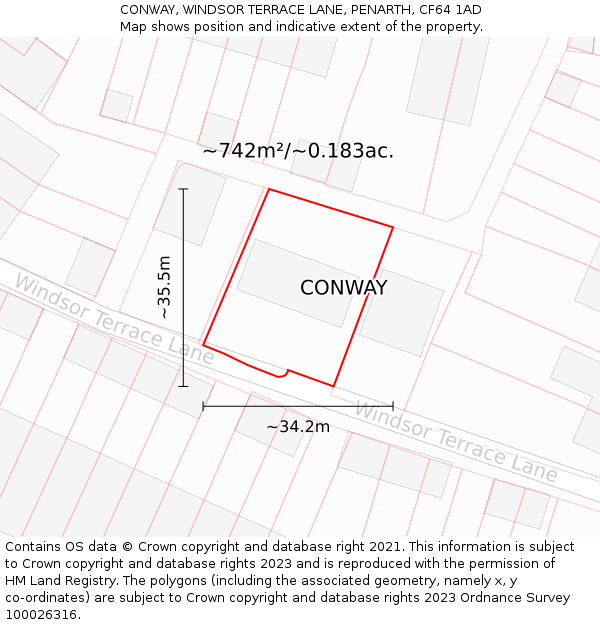 CONWAY, WINDSOR TERRACE LANE, PENARTH, CF64 1AD: Plot and title map