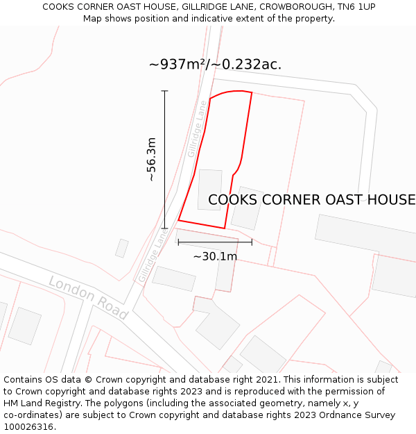 COOKS CORNER OAST HOUSE, GILLRIDGE LANE, CROWBOROUGH, TN6 1UP: Plot and title map