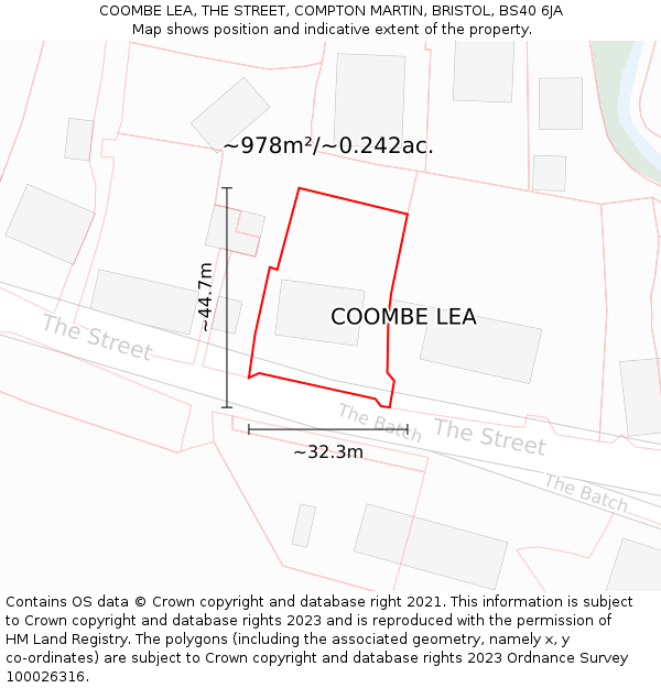 COOMBE LEA, THE STREET, COMPTON MARTIN, BRISTOL, BS40 6JA: Plot and title map