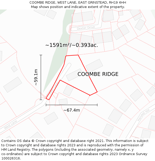COOMBE RIDGE, WEST LANE, EAST GRINSTEAD, RH19 4HH: Plot and title map