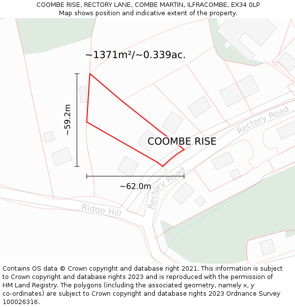 COOMBE RISE, RECTORY LANE, COMBE MARTIN, ILFRACOMBE, EX34 0LP: Plot and title map