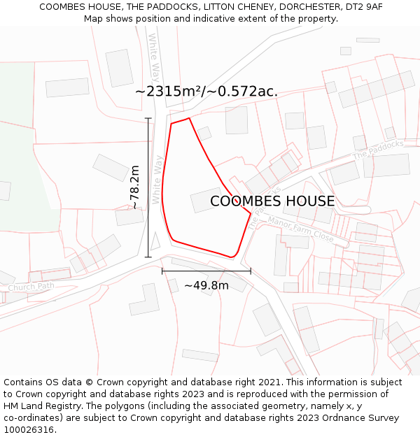 COOMBES HOUSE, THE PADDOCKS, LITTON CHENEY, DORCHESTER, DT2 9AF: Plot and title map