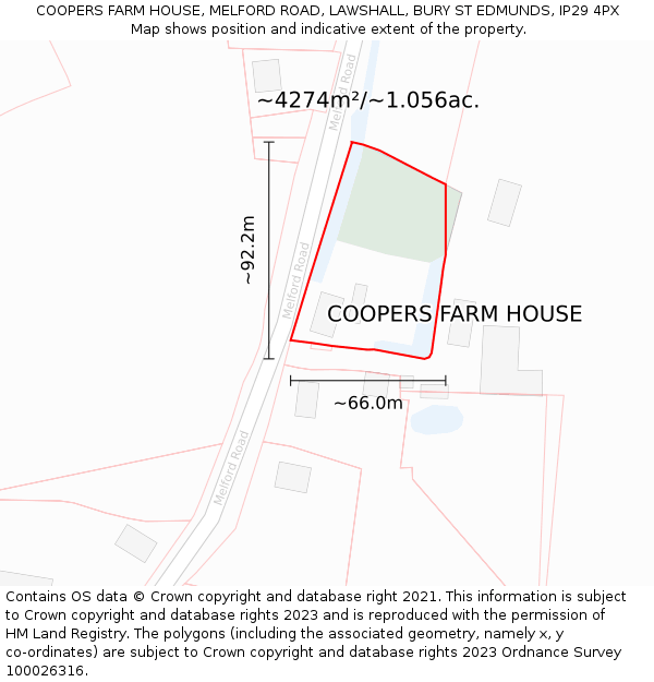 COOPERS FARM HOUSE, MELFORD ROAD, LAWSHALL, BURY ST EDMUNDS, IP29 4PX: Plot and title map
