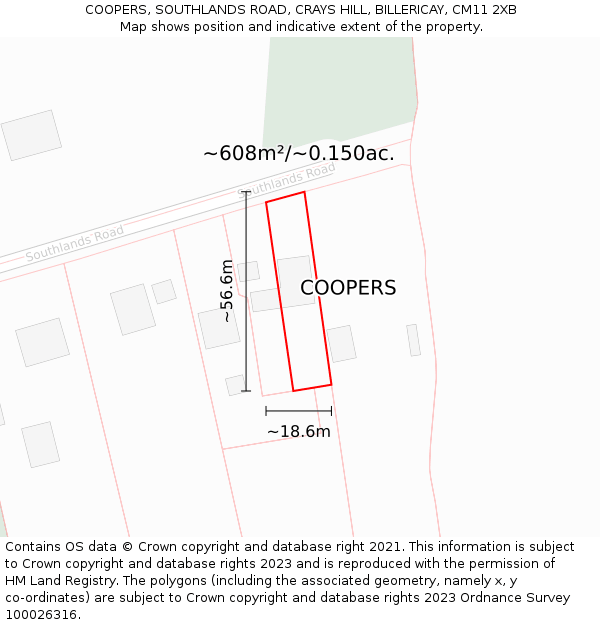 COOPERS, SOUTHLANDS ROAD, CRAYS HILL, BILLERICAY, CM11 2XB: Plot and title map