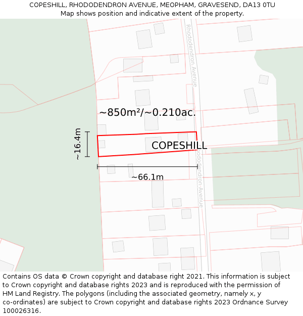 COPESHILL, RHODODENDRON AVENUE, MEOPHAM, GRAVESEND, DA13 0TU: Plot and title map