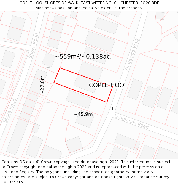 COPLE HOO, SHORESIDE WALK, EAST WITTERING, CHICHESTER, PO20 8DF: Plot and title map