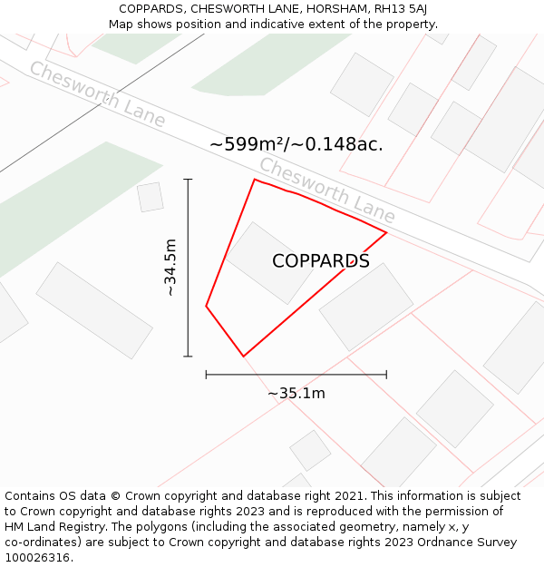 COPPARDS, CHESWORTH LANE, HORSHAM, RH13 5AJ: Plot and title map