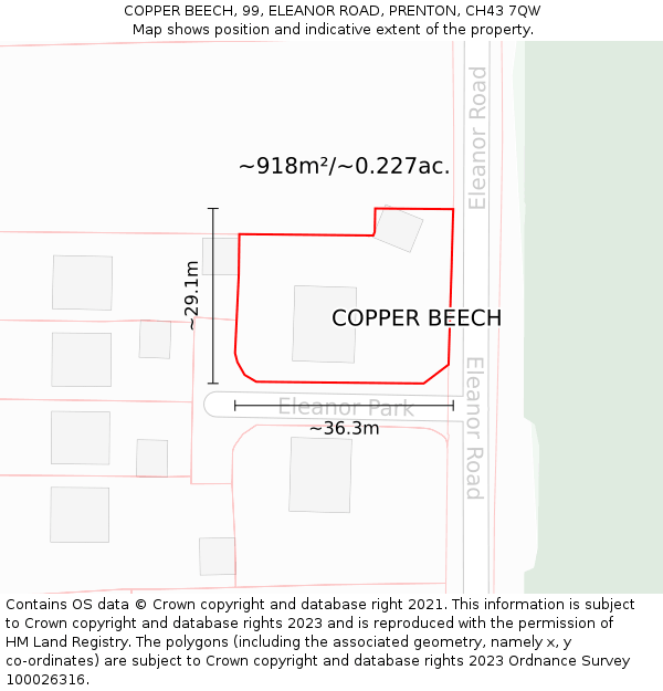 COPPER BEECH, 99, ELEANOR ROAD, PRENTON, CH43 7QW: Plot and title map