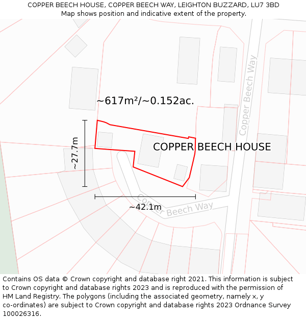 COPPER BEECH HOUSE, COPPER BEECH WAY, LEIGHTON BUZZARD, LU7 3BD: Plot and title map