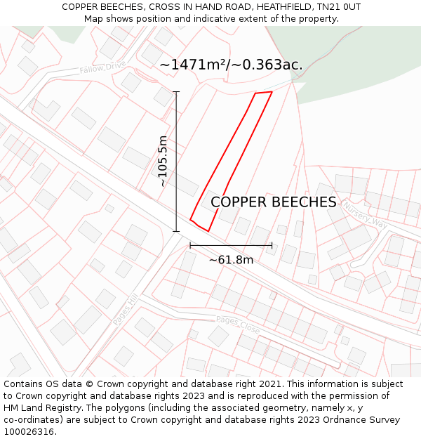 COPPER BEECHES, CROSS IN HAND ROAD, HEATHFIELD, TN21 0UT: Plot and title map