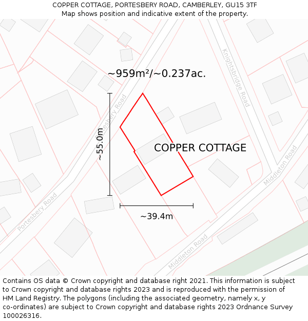 COPPER COTTAGE, PORTESBERY ROAD, CAMBERLEY, GU15 3TF: Plot and title map