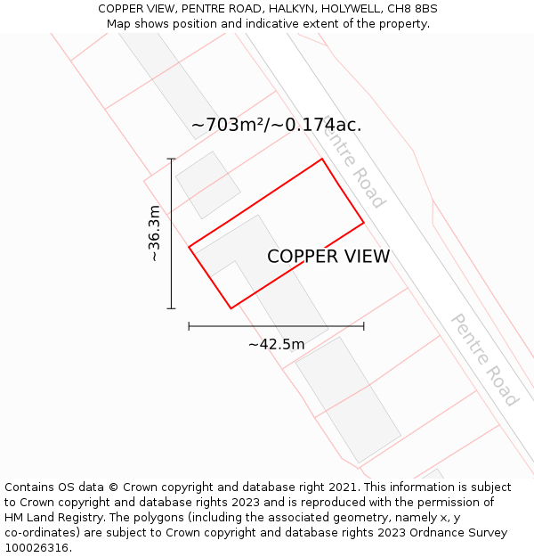 COPPER VIEW, PENTRE ROAD, HALKYN, HOLYWELL, CH8 8BS: Plot and title map