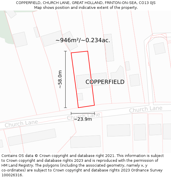 COPPERFIELD, CHURCH LANE, GREAT HOLLAND, FRINTON-ON-SEA, CO13 0JS: Plot and title map
