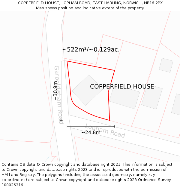COPPERFIELD HOUSE, LOPHAM ROAD, EAST HARLING, NORWICH, NR16 2PX: Plot and title map