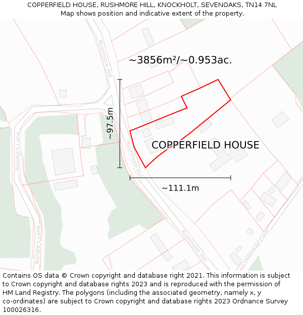 COPPERFIELD HOUSE, RUSHMORE HILL, KNOCKHOLT, SEVENOAKS, TN14 7NL: Plot and title map