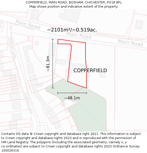 COPPERFIELD, MAIN ROAD, BOSHAM, CHICHESTER, PO18 8PL: Plot and title map