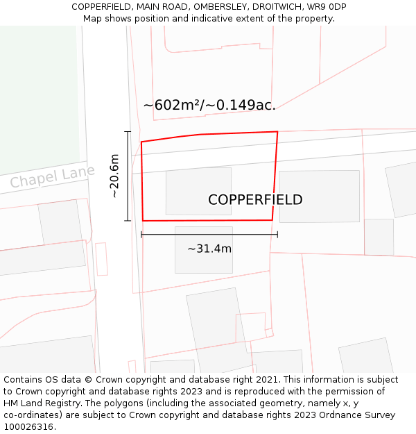 COPPERFIELD, MAIN ROAD, OMBERSLEY, DROITWICH, WR9 0DP: Plot and title map