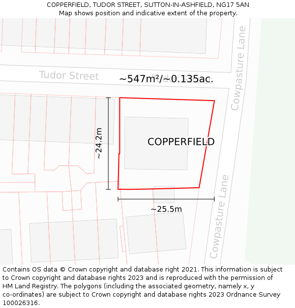 COPPERFIELD, TUDOR STREET, SUTTON-IN-ASHFIELD, NG17 5AN: Plot and title map