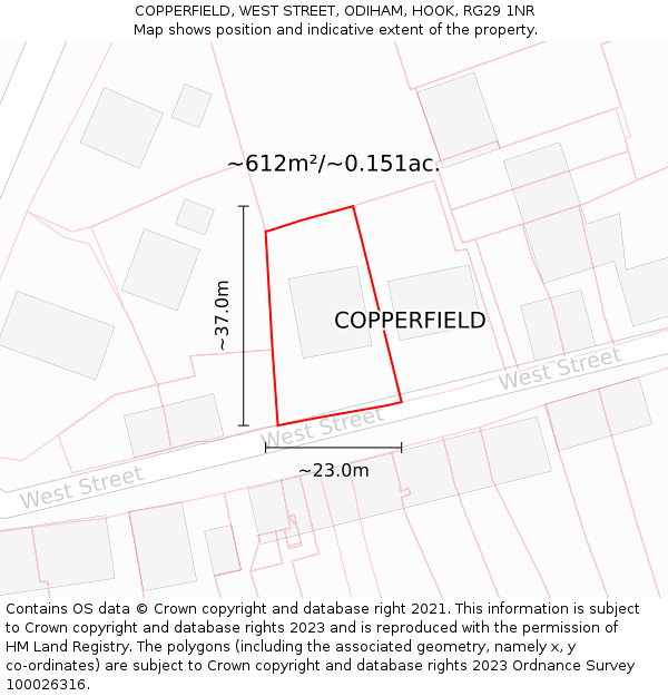 COPPERFIELD, WEST STREET, ODIHAM, HOOK, RG29 1NR: Plot and title map