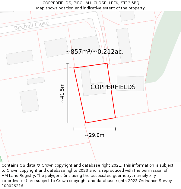 COPPERFIELDS, BIRCHALL CLOSE, LEEK, ST13 5RQ: Plot and title map