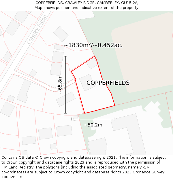 COPPERFIELDS, CRAWLEY RIDGE, CAMBERLEY, GU15 2AJ: Plot and title map