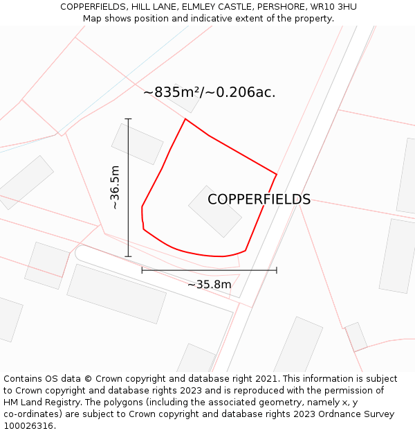 COPPERFIELDS, HILL LANE, ELMLEY CASTLE, PERSHORE, WR10 3HU: Plot and title map