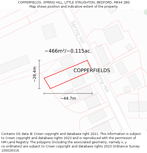 COPPERFIELDS, SPRING HILL, LITTLE STAUGHTON, BEDFORD, MK44 2BS: Plot and title map