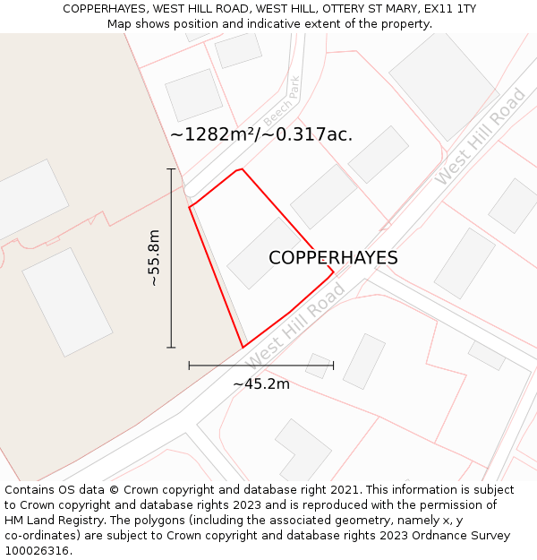 COPPERHAYES, WEST HILL ROAD, WEST HILL, OTTERY ST MARY, EX11 1TY: Plot and title map