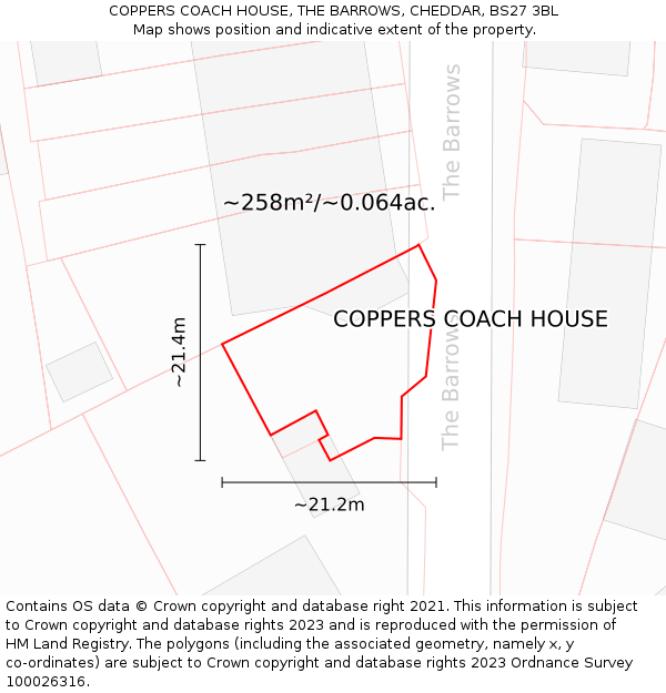 COPPERS COACH HOUSE, THE BARROWS, CHEDDAR, BS27 3BL: Plot and title map