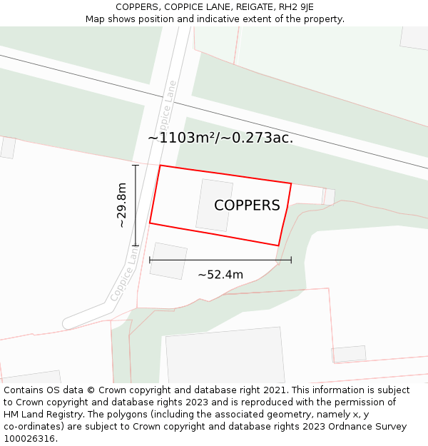 COPPERS, COPPICE LANE, REIGATE, RH2 9JE: Plot and title map