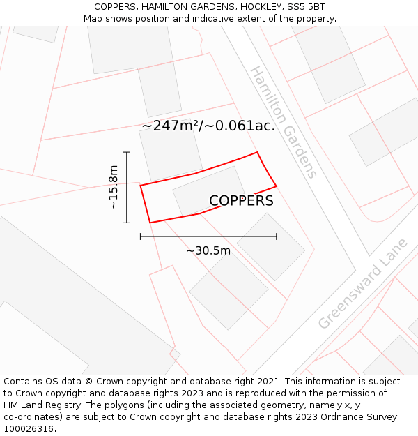 COPPERS, HAMILTON GARDENS, HOCKLEY, SS5 5BT: Plot and title map