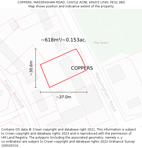 COPPERS, MASSINGHAM ROAD, CASTLE ACRE, KING'S LYNN, PE32 2BG: Plot and title map