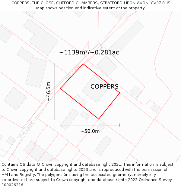 COPPERS, THE CLOSE, CLIFFORD CHAMBERS, STRATFORD-UPON-AVON, CV37 8HS: Plot and title map