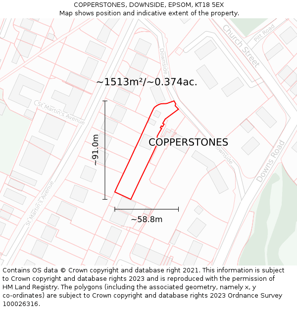 COPPERSTONES, DOWNSIDE, EPSOM, KT18 5EX: Plot and title map