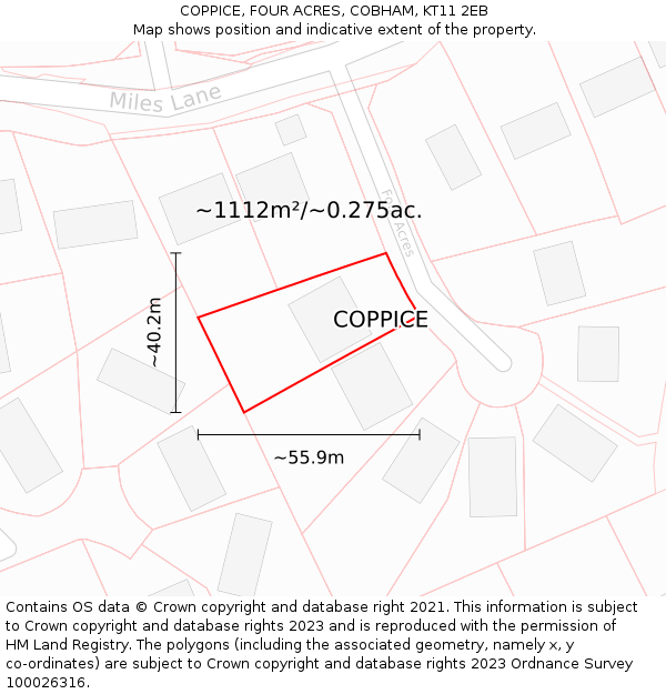 COPPICE, FOUR ACRES, COBHAM, KT11 2EB: Plot and title map