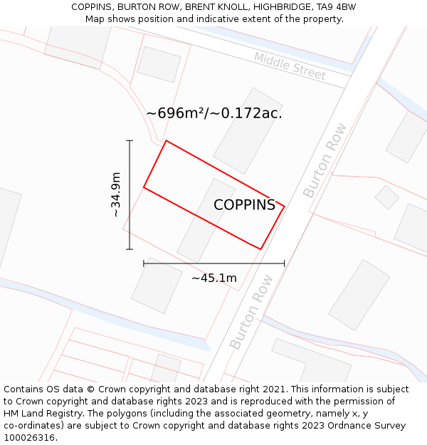 COPPINS, BURTON ROW, BRENT KNOLL, HIGHBRIDGE, TA9 4BW: Plot and title map