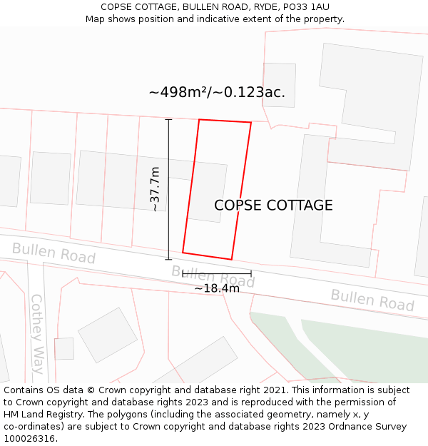 COPSE COTTAGE, BULLEN ROAD, RYDE, PO33 1AU: Plot and title map
